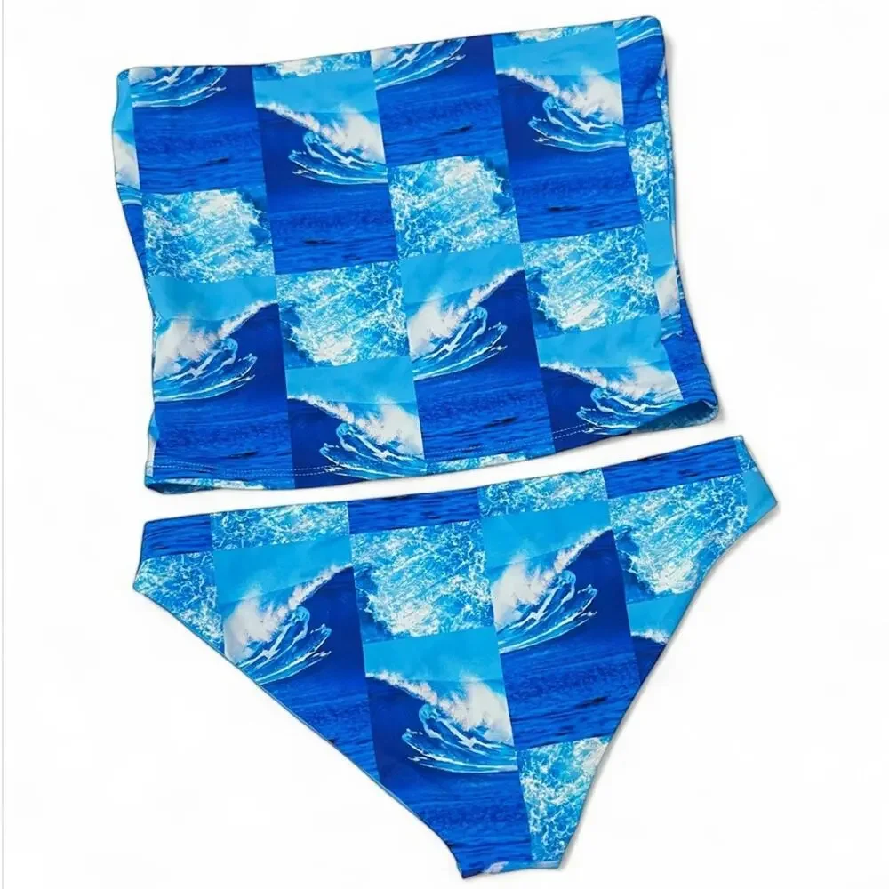 3 Piece SET Frankies Bikinis Waves Print  Blue Sz M